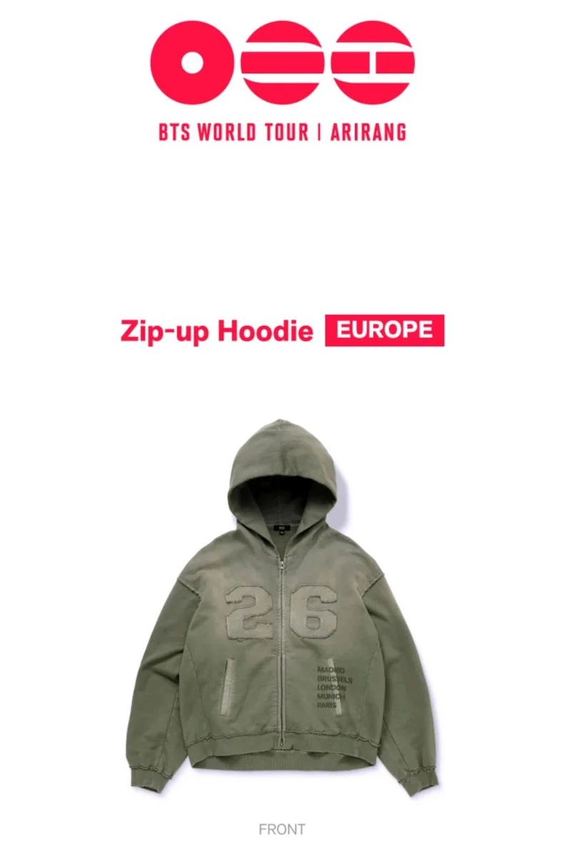 BTS - ZIP-UP HOODIE & S/S T-SHIRT EUROPE (WORLD TOUR 'ARIRANG' OFFICIAL MD)