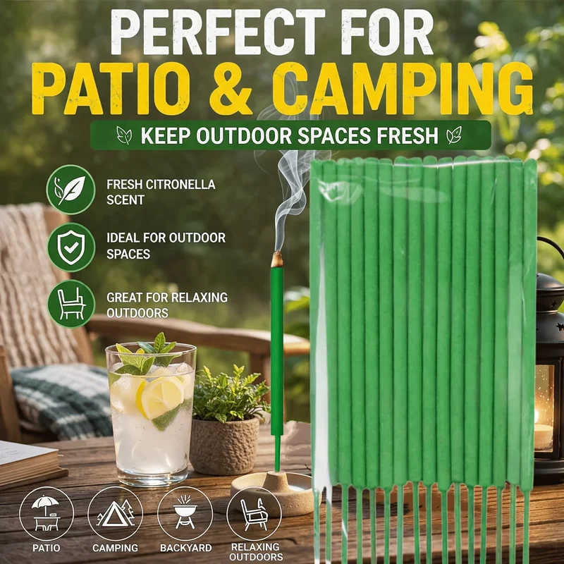 27cm Thick Lemongrass Mosquito Repellent Incense Sticks—Burn Time Can Last up to 1 to 2.5 Hours (Burning Time Is Affected by Wind Conditions), Contains Lemongrass Oil, Mint, and Rosemary Fragrance, Suitable for Patios, Gard