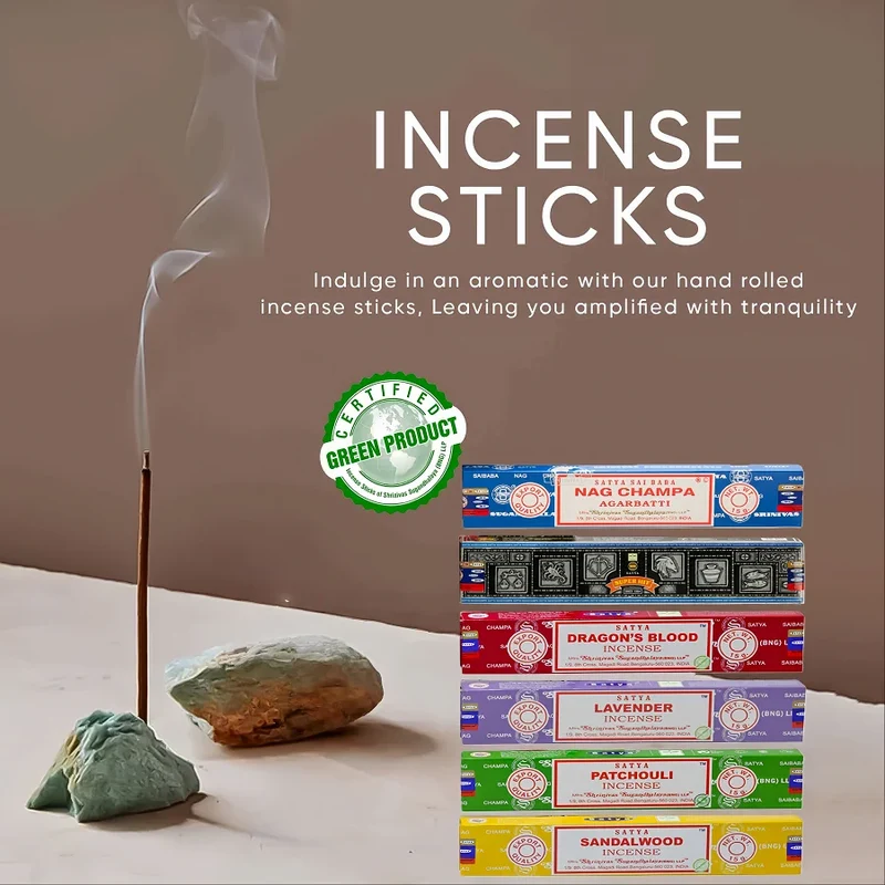 Satya Sai Baba 15g Hand-Rolled Incense Sticks, 6 Scents: Sandalwood, Lavender, Dragon's Blood, Agarwood, Patchouli, etc.