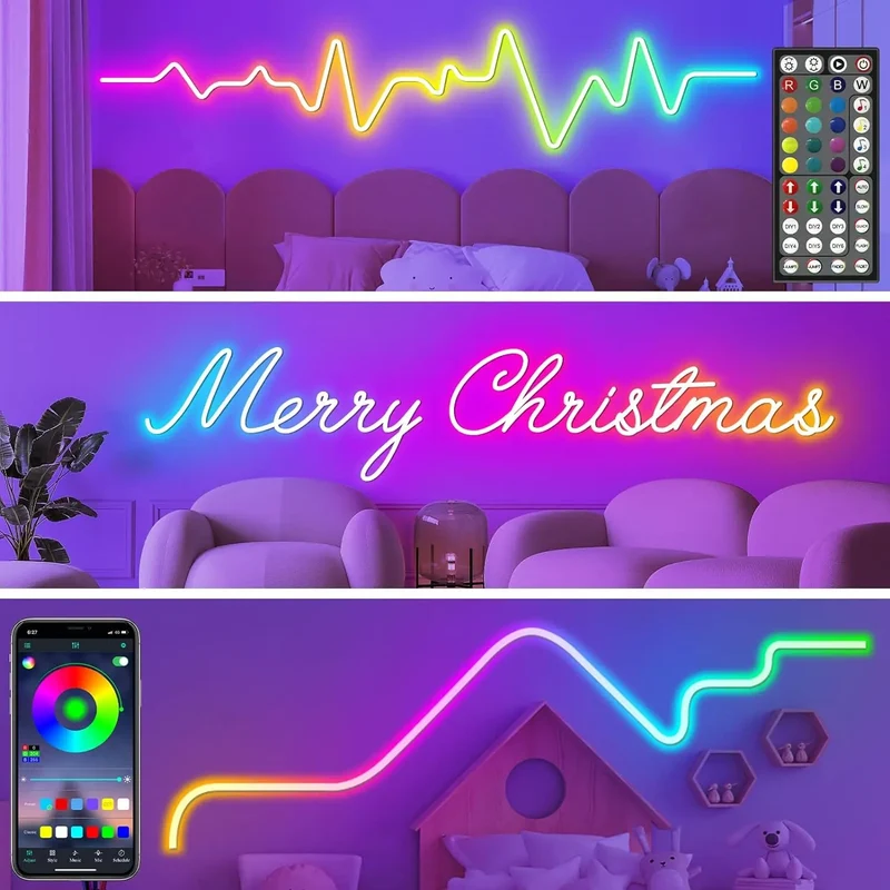 RGB Flexible Neon Strip Lights with App/Remote Control, Multiple Modes, Music Sync, IP65 Waterproof LED Strip Neon Rope Lamp