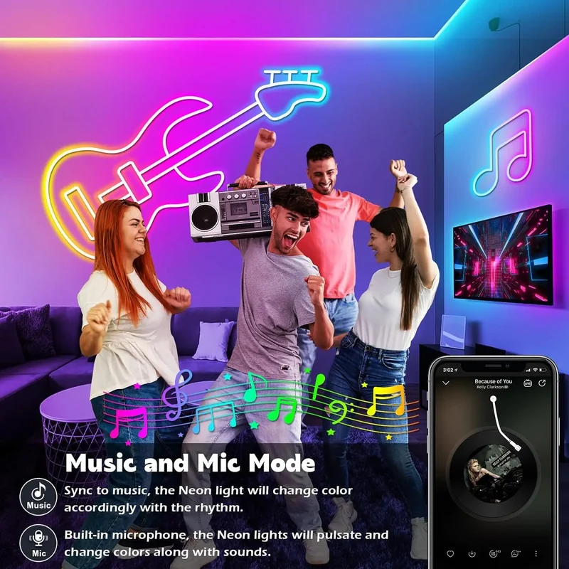RGB Flexible Neon Strip Lights with App/Remote Control, Multiple Modes, Music Sync, IP65 Waterproof LED Strip Neon Rope Lamp