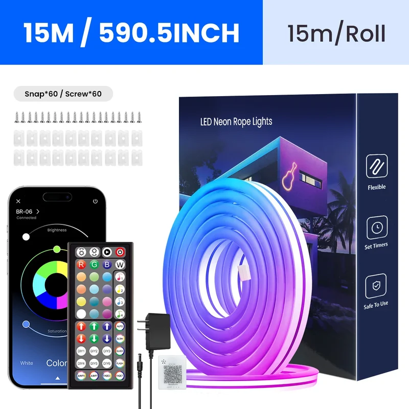 RGB Flexible Neon Strip Lights with App/Remote Control, Multiple Modes, Music Sync, IP65 Waterproof LED Strip Neon Rope Lamp