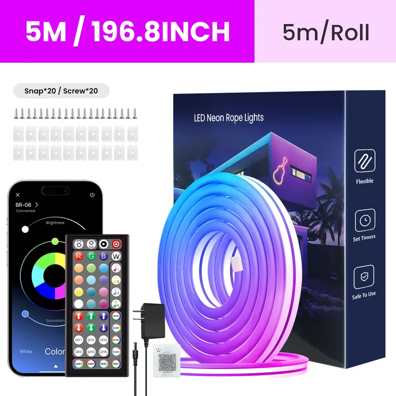 RGB Flexible Neon Strip Lights with App/Remote Control, Multiple Modes, Music Sync, IP65 Waterproof LED Strip Neon Rope Lamp