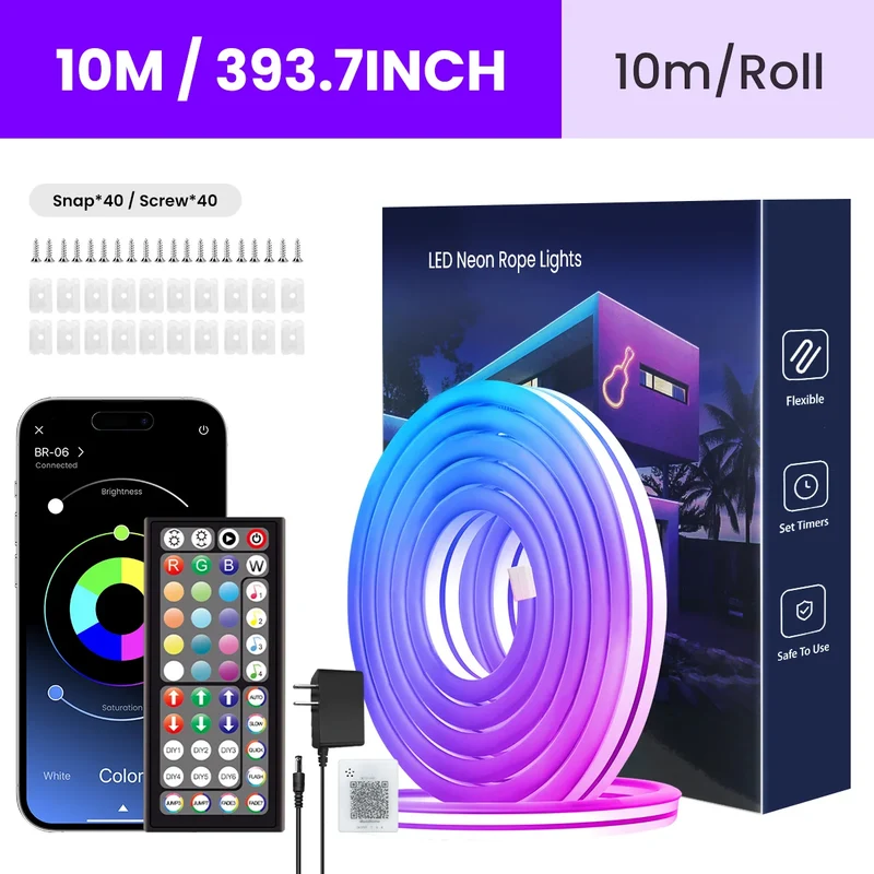 RGB Flexible Neon Strip Lights with App/Remote Control, Multiple Modes, Music Sync, IP65 Waterproof LED Strip Neon Rope Lamp