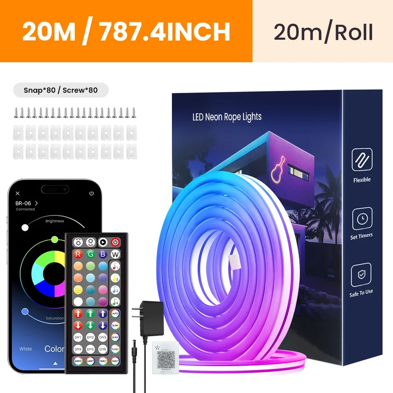 RGB Flexible Neon Strip Lights with App/Remote Control, Multiple Modes, Music Sync, IP65 Waterproof LED Strip Neon Rope Lamp