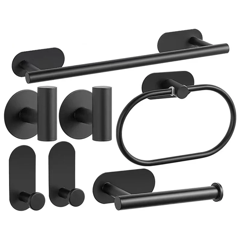 No Drilling Stainless Steel Towel Bar Paper Holder Self-adhesive Towel Ring Robe Hook Matte Black Silver Bathroom Accessory Set