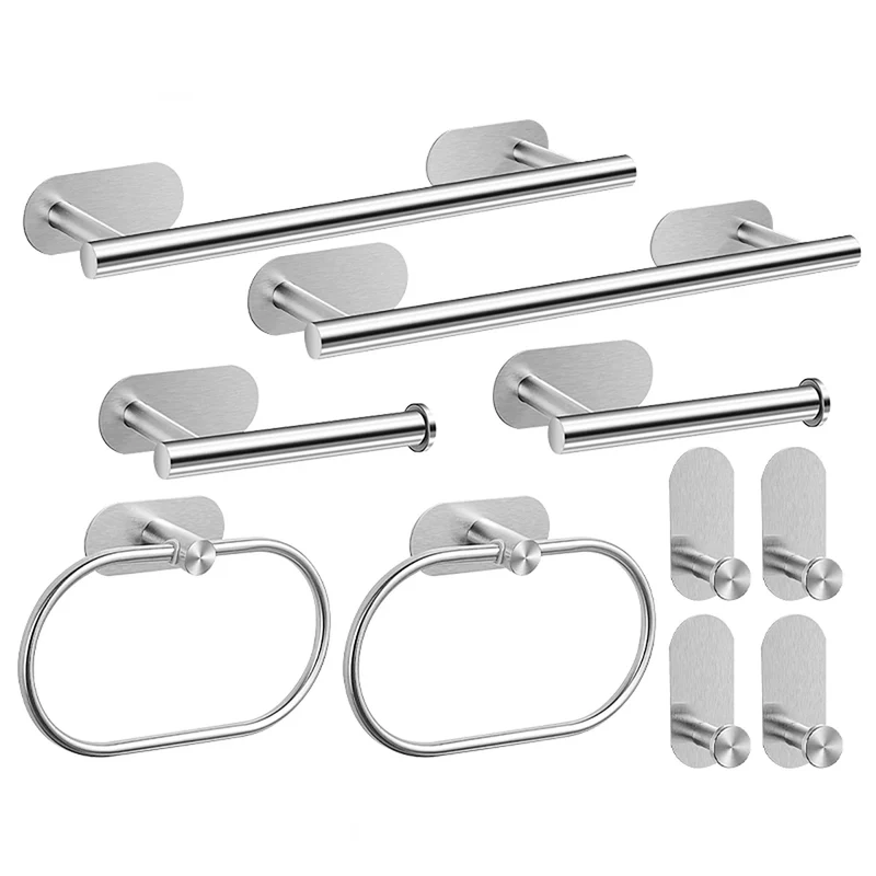 No Drilling Stainless Steel Towel Bar Paper Holder Self-adhesive Towel Ring Robe Hook Matte Black Silver Bathroom Accessory Set