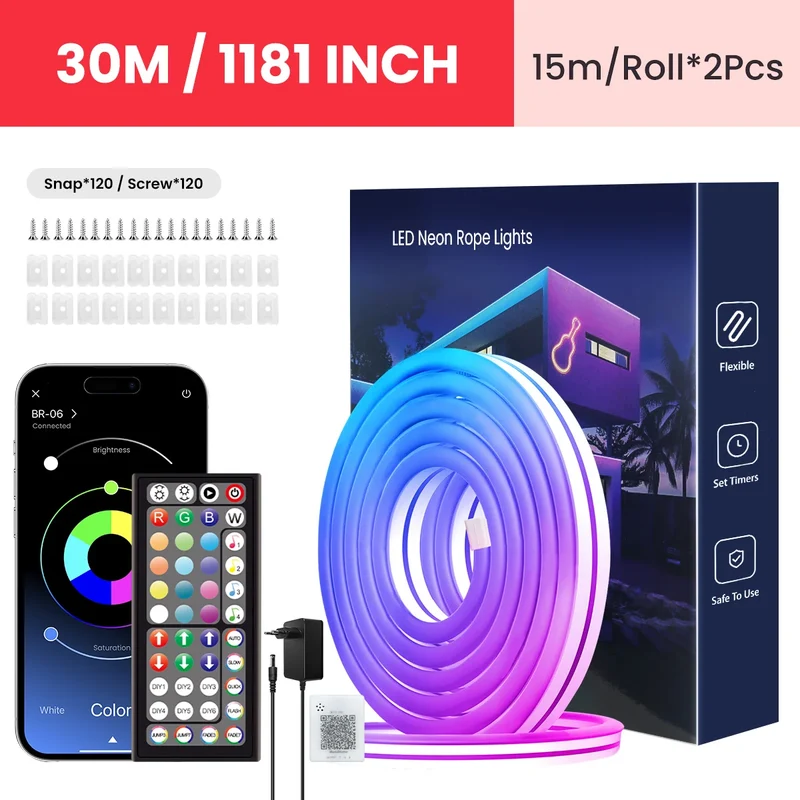 Neon Rope Lights,Flexible Led Rope Lights Control with App/Remote,Multiple Modes Rope Lights,IP65 Outdoor RGB Led Neon Lights Wa