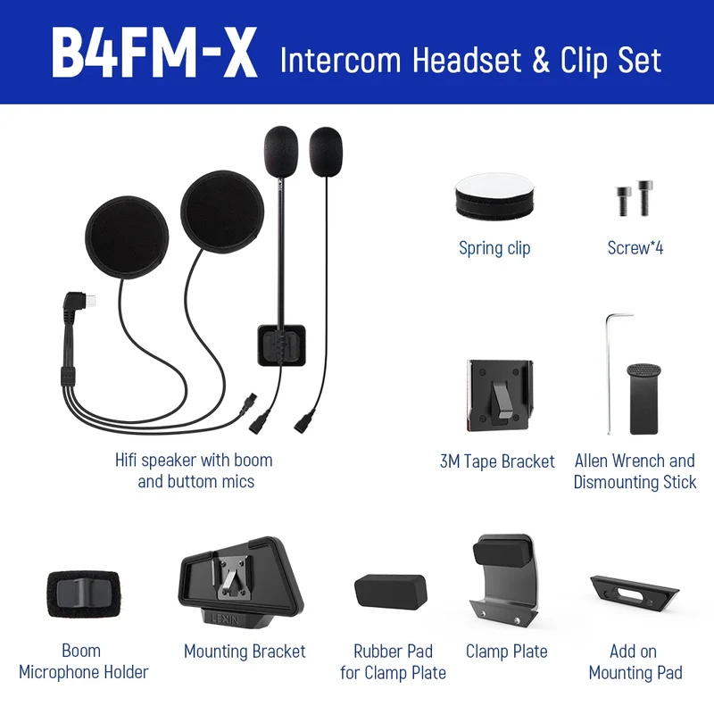 LEXIN LX-B4FM-X Intercom Headset&Clip Set for Full/Half Helmet with High Quality and Loud Sound Bluetooth Headphone Jack Plug
