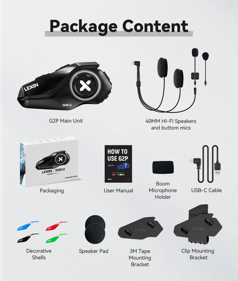 Lexin G2P Motorcycle Intercom Helmet Bluetooth Headsets,Handsfree Communicator Up to 6 Riders Interphone with FM Radio