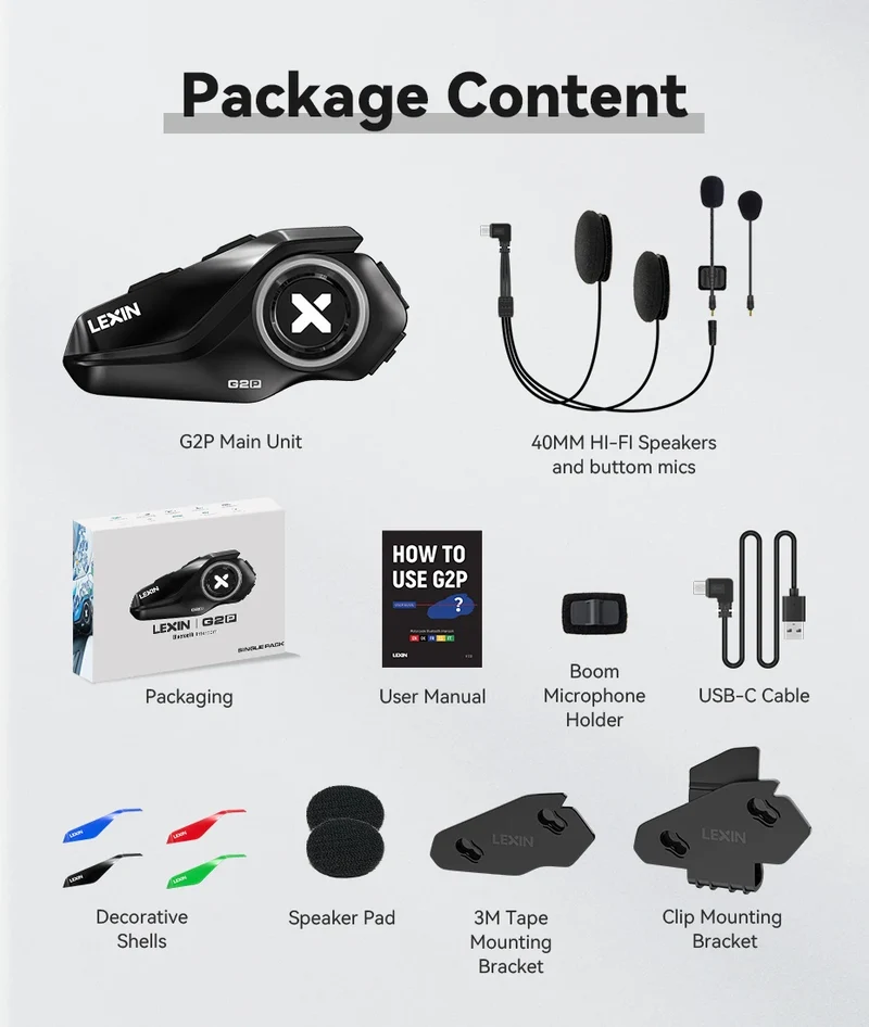 Lexin G2P Motorcycle Intercom Helmet Bluetooth Headsets,Handsfree Communicator Up to 6 Riders Interphone with FM Radio