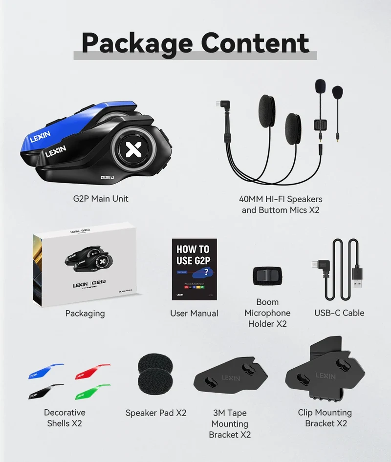 Lexin G2P Motorcycle Intercom Helmet Bluetooth Headsets,Handsfree Communicator Up to 6 Riders Interphone with FM Radio