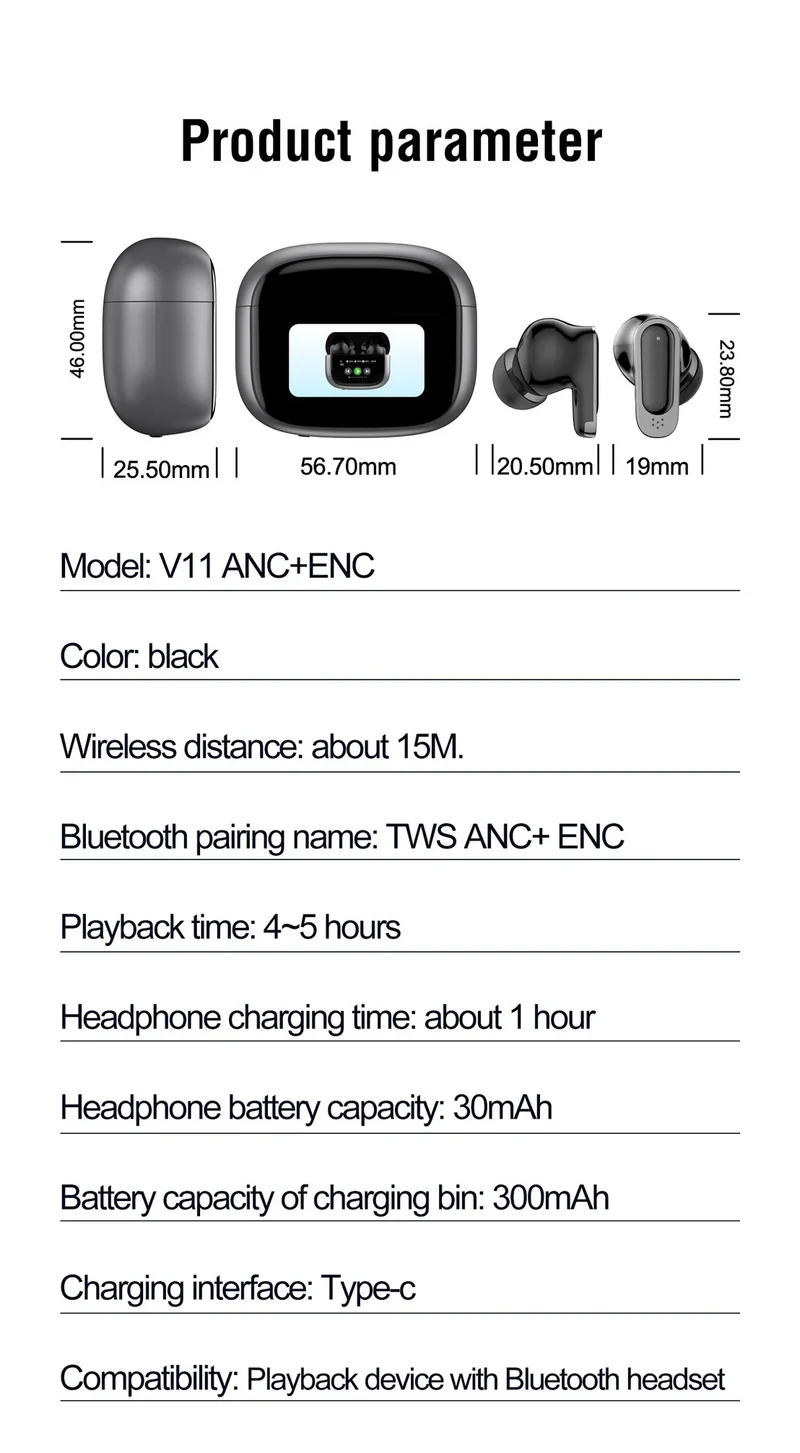 BOSECXT Ultra V11 Smart Touch Multi functional Large Screen TWS Wireless ANC Noise Cancelling Earbuds Enc Heavy Bass Earbuds
