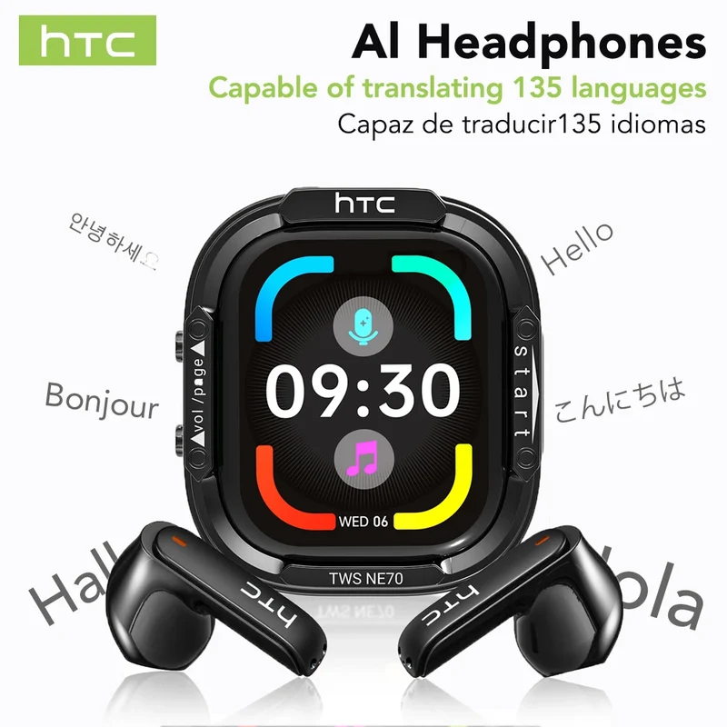 Bluetooth Headset HTC NE70 True Wireless Earbuds with AI Two-Way Translation Auriculares Traductor De Idioma 2026, 360° Surround Sound, Ecouteurs Bluetooth Sans Fil, Ultra Comfort Lightweight for Sports & Travel, Works with