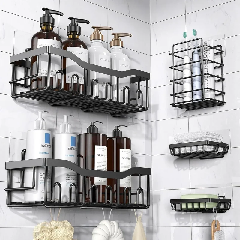 Adhesive Shower Caddy, 5 Pack Rustproof Stainless Steel Bath Organizers, No Drilling Shelves for Bathroom Storage & Home Decor