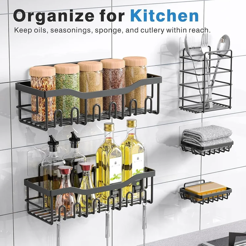 Adhesive Shower Caddy, 5 Pack Rustproof Stainless Steel Bath Organizers, No Drilling Shelves for Bathroom Storage & Home Decor