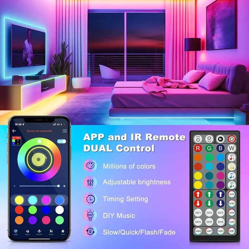 40M/30M RGB LED Strip Lights with Remote Control Bluetooth App, Dimmable Colour Changing LED Fairy Lamps Music Sync for Room