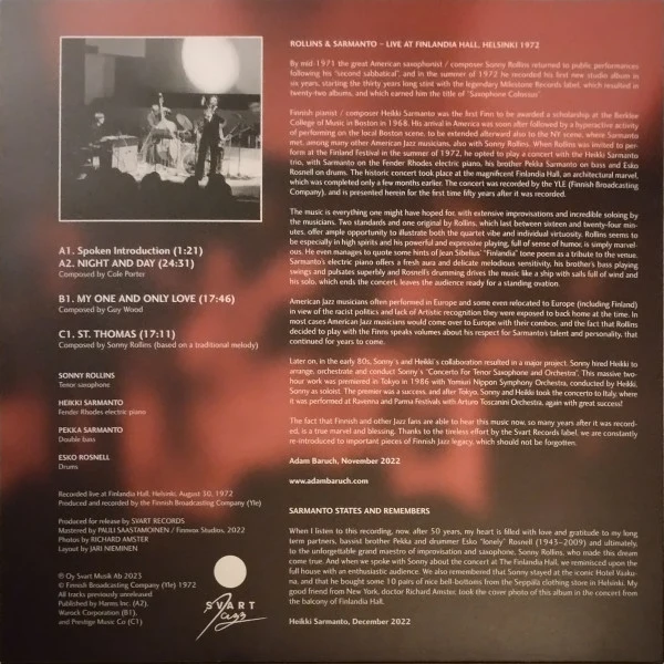 Sonny Rollins with Heikki Sarmanto Trio | Live At Finlandia Hall Helsinki 1972 2LP