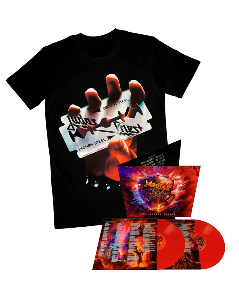 Judas Priest - 2LP Vinilo Rojo "Invincible Shield" + Camiseta "British Steel" Unisex
