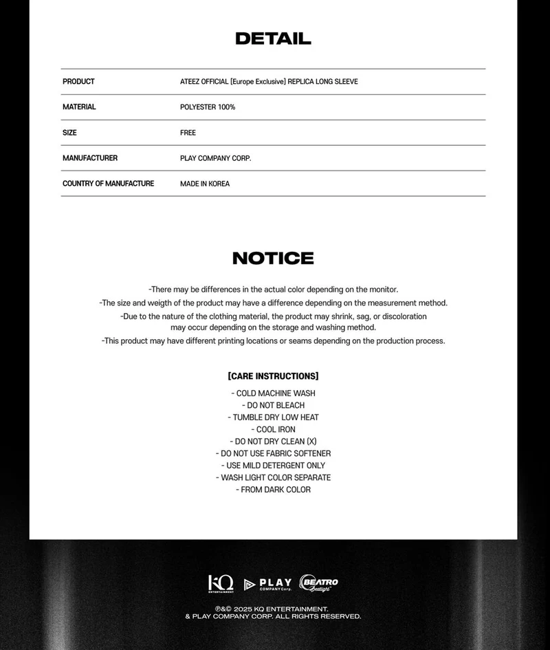 ATEEZ - REPLICA LONG SLEEVE ('2025 ATEEZ WORLD TOUR IN EUROPE' MD)